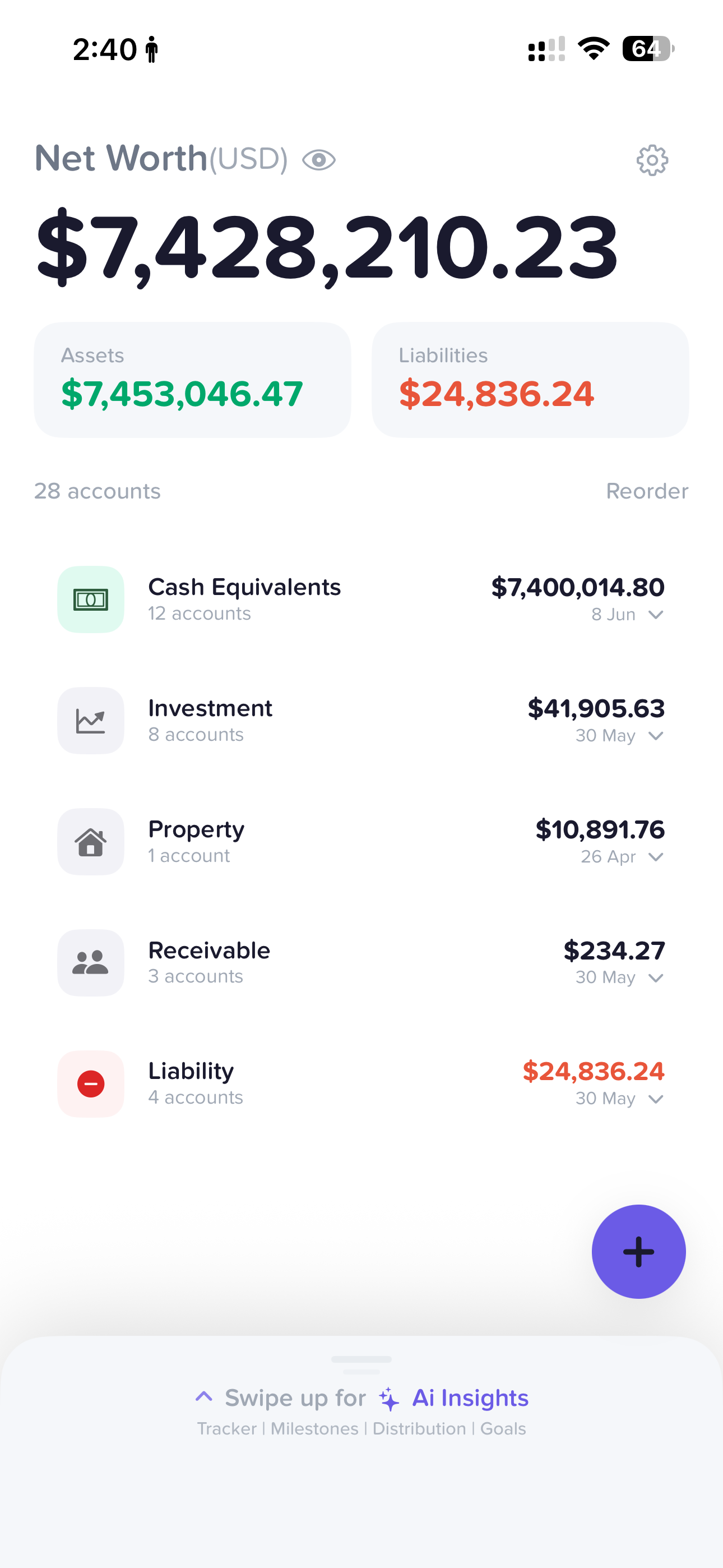 Netvo Home screen - Net Worth $7,428,210 with assets and liabilities breakdown