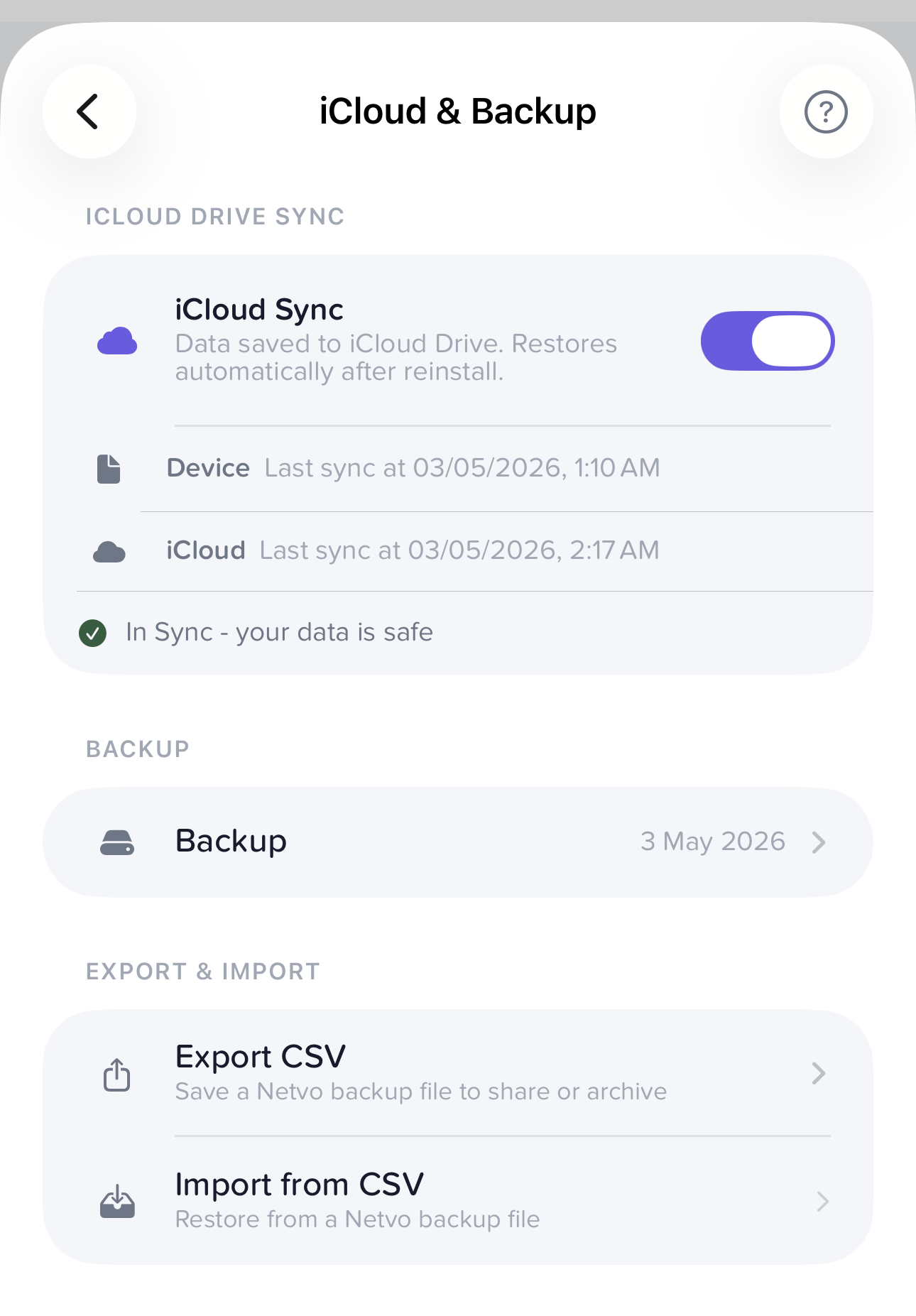 Advanced iCloud and Backup options screenshot